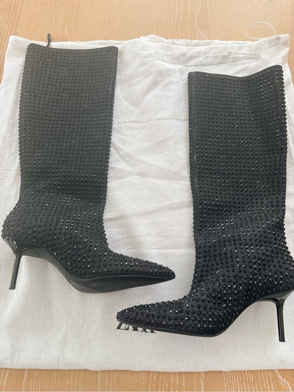 Zara Black Rhinestone Stretch Knee-High Stiletto Boots